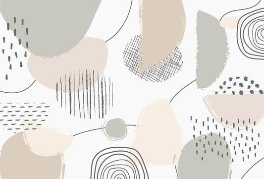 Papel tapiz abstracto con figuras geométricas orgánicas, trazos lineales y semicírculos en tonos beige y salvia.