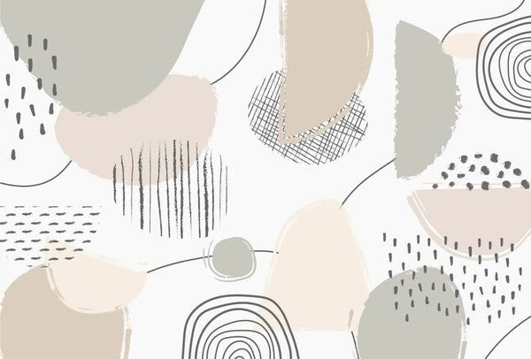 Papel tapiz abstracto con figuras geométricas orgánicas, trazos lineales y semicírculos en tonos beige y salvia.