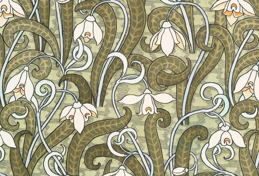 Papel tapiz con estampado botánico estilo Art Nouveau de flores blancas y hojas verde oliva