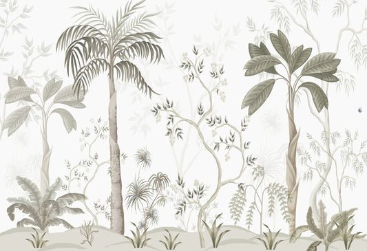 Papel tapiz mural con ilustración botánica de palmeras y plantas tropicales en tonos neutros y grisáceos.