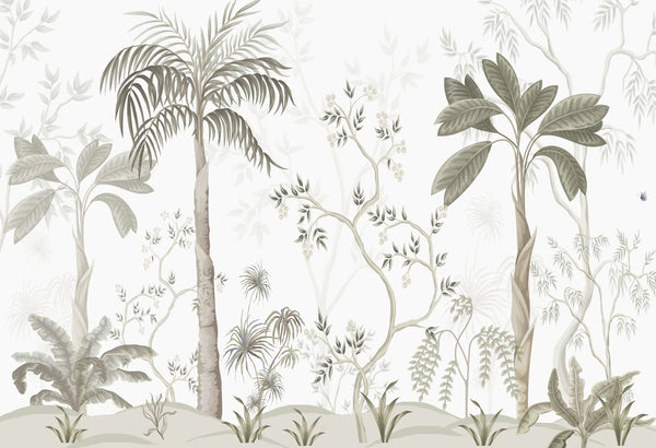 Papel tapiz mural con ilustración botánica de palmeras y plantas tropicales en tonos neutros y grisáceos.