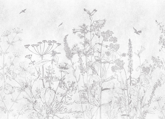 Papel tapiz mural con ilustración botánica de flores silvestres y aves en trazo fino sobre fondo blanco texturizado.