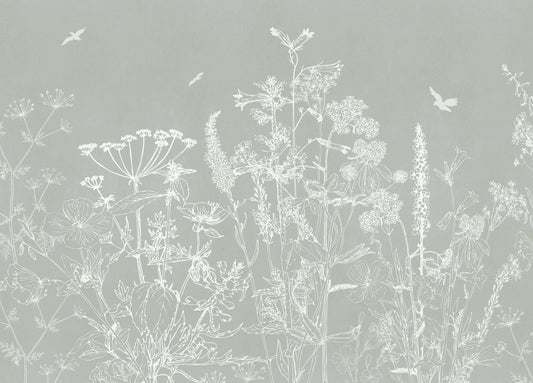 Papel tapiz con ilustración botánica de flores silvestres y aves en trazo blanco sobre fondo verde grisáceo