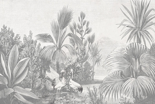 Papel tapiz mural con grabado botánico de palmeras tropicales y garzas en tonos grises y blanco hueso.