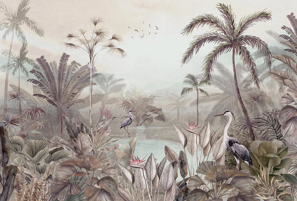 Papel tapiz mural con garzas elegantes, palmeras y follaje tropical en tonos tierra vintage.