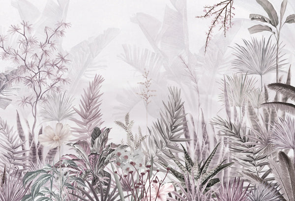 Papel tapiz mural botánico con palmeras y plantas exóticas en tonos rosa empolvado, lila suave y gris sobre fondo claro.