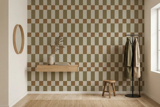 Papel tapiz Geometría Sienna instalado en un recibidor de estilo nórdico