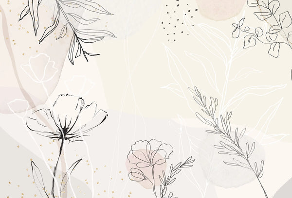 Papel tapiz mural con flores en fino trazo negro sobre fondo neutro beige y rosa empolvado.