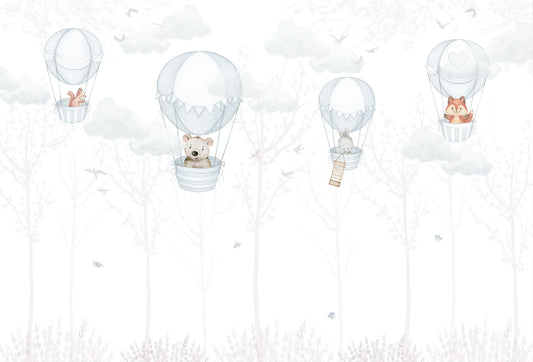 Papel tapiz mural infantil con tiernos animales en globos aerostáticos sobre fondo celeste claro y nubes