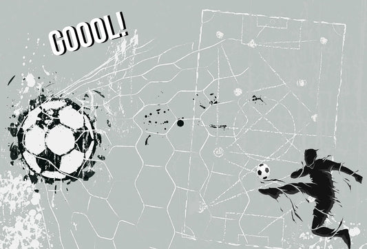 Papel tapiz mural deportivo con silueta de futbolista, red de arco y balón en tonos gris y negro