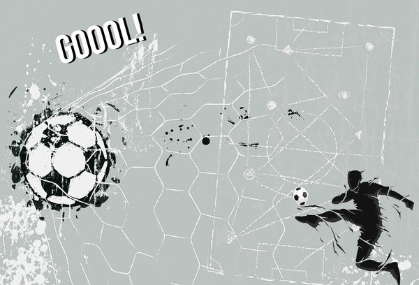 Papel tapiz mural deportivo con silueta de futbolista, red de arco y balón en tonos gris y negro