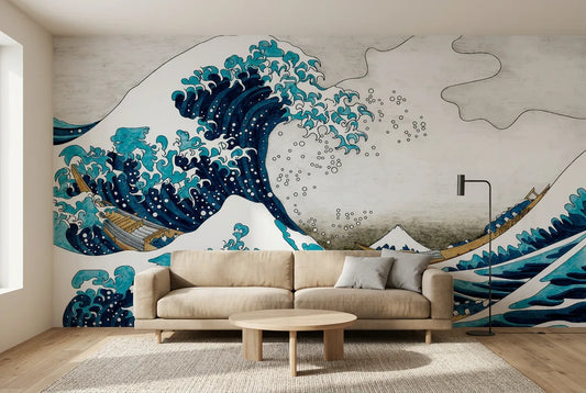 Papel tapiz Gran Okinawa instalado en una sala de estar minimalista