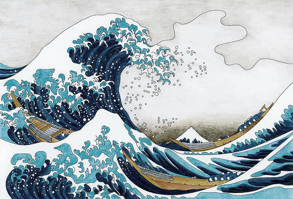Papel tapiz mural estilo japonés con olas marinas en tonos azul y turquesa
