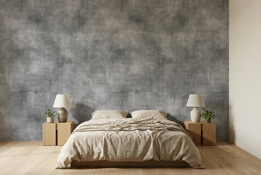 Papel tapiz Grunge instalado en un dormitorio sereno