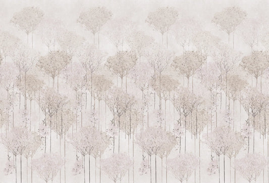 Papel tapiz con siluetas botánicas de flores gypsophila en tonos blush, beige y taupe suave.