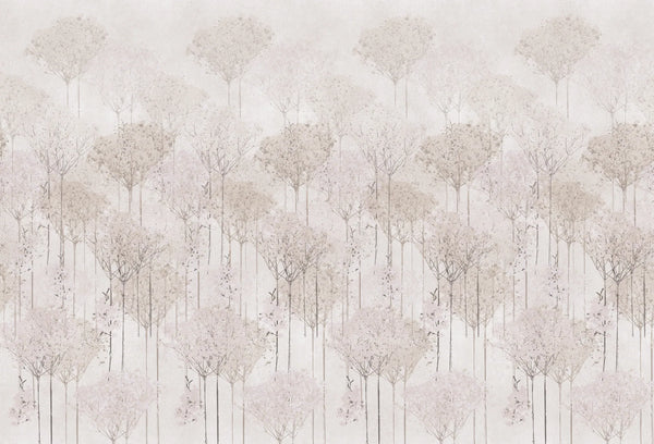 Papel tapiz con siluetas botánicas de flores gypsophila en tonos blush, beige y taupe suave.