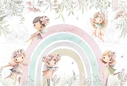 Papel tapiz mural infantil con tiernas hadas en acuarela, arcoíris pastel y hojas verdes sobre fondo claro.