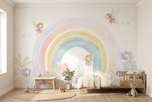 Papel tapiz Hadas y Arcoíris instalado en una habitación infantil