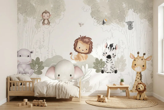 Papel tapiz Happy Jungle instalado en una habitación infantil