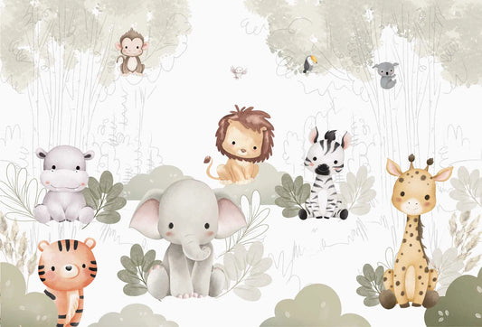 Papel tapiz mural infantil con tiernos animales de safari en acuarela sobre fondo verde salvia y blanco.