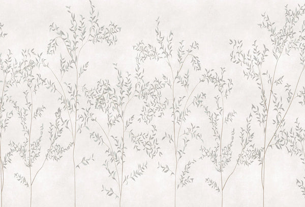 Papel tapiz mural con delicadas ramas y hojas botánicas en tonos gris suave sobre fondo claro.