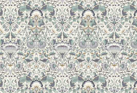 Papel tapiz con patrón botánico de estilo vintage en tonos verde salvia, azul pizarra y fondo marfil para pared.