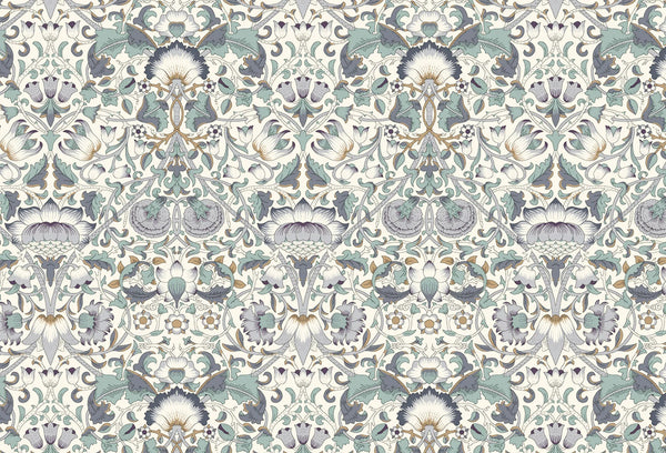 Papel tapiz con patrón botánico de estilo vintage en tonos verde salvia, azul pizarra y fondo marfil para pared.