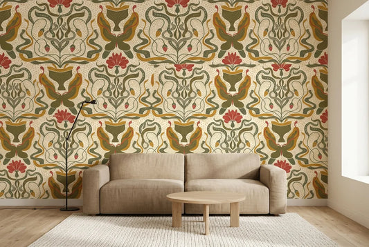 Papel tapiz Heritage Nouveau instalado en una sala de estar minimalista