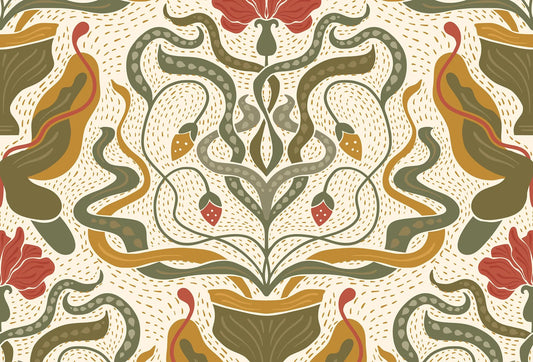 Papel tapiz con patrón Art Nouveau de vasijas, tallos sinuosos y flores en verde, ocre y terracota
