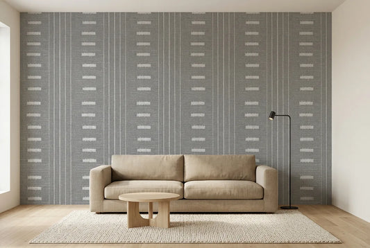 Papel tapiz Hilas Gris instalado en una sala de estar minimalista