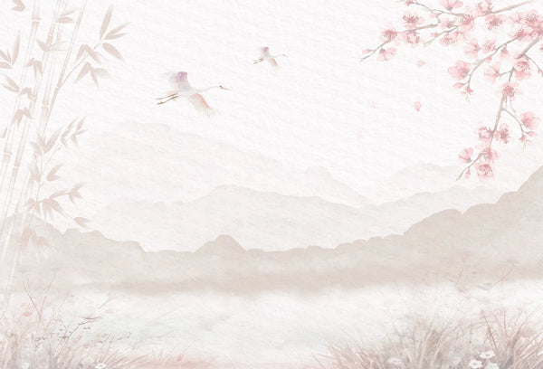 Papel tapiz mural con paisaje oriental en acuarela, grullas en vuelo, bambú y flores de cerezo en rosa y beige.