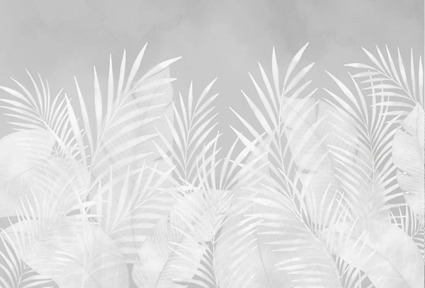 Papel tapiz mural con hojas de palmeras blancas sobre fondo gris claro texturizado.