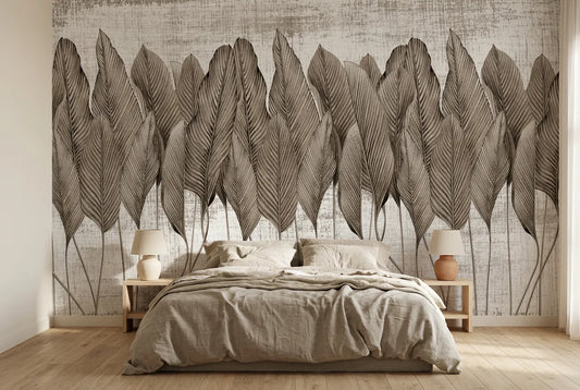 Papel tapiz Hojas Taupe instalado en un dormitorio sereno