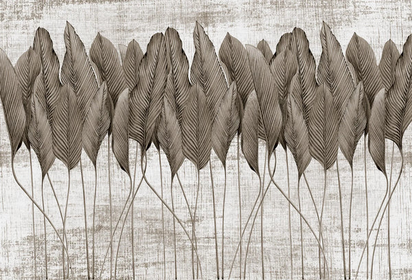 Papel tapiz mural con esbeltas hojas botánicas en tonos taupe y beige sobre fondo texturizado