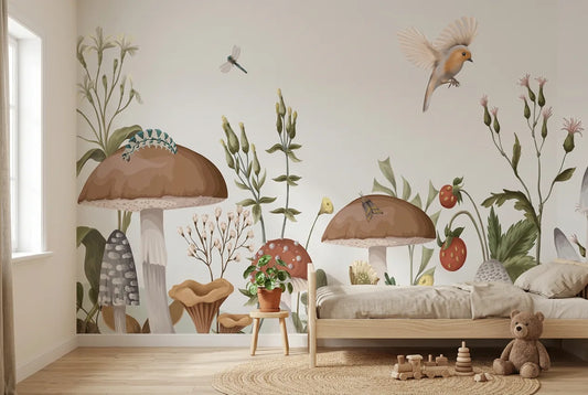 Papel tapiz Hongos del Bosque instalado en una habitación infantil