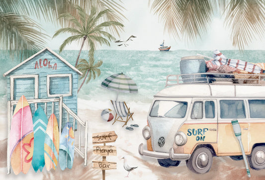 Papel tapiz mural con furgoneta surfista, cabaña aloha, tablas de surf y palmeras en tonos suaves de acuarela.