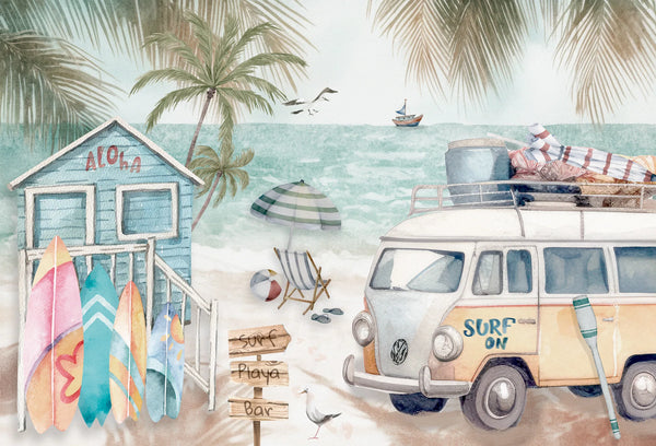 Papel tapiz mural con furgoneta surfista, cabaña aloha, tablas de surf y palmeras en tonos suaves de acuarela.