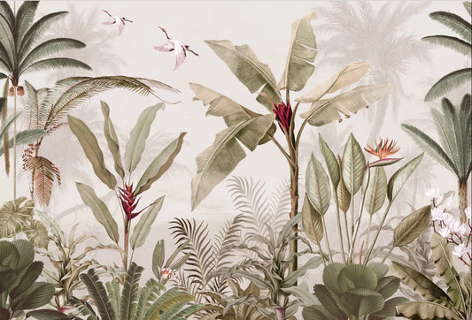 Papel tapiz mural botánico con palmeras, follaje tropical y aves en tonos beige y verde oliva