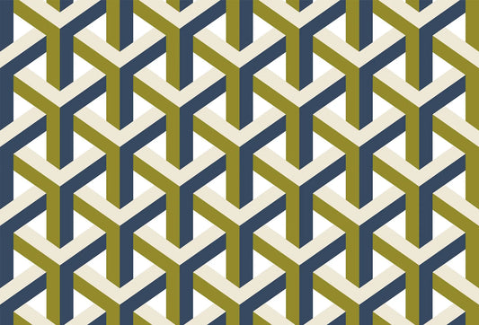 Papel tapiz con patrón geométrico isométrico 3D en tonos verde oliva, azul marino y crema