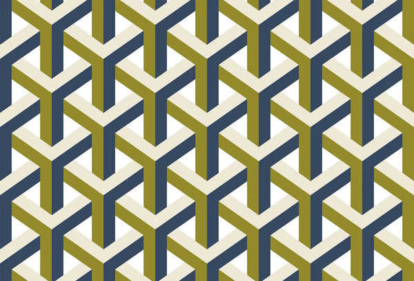 Papel tapiz con patrón geométrico isométrico 3D en tonos verde oliva, azul marino y crema