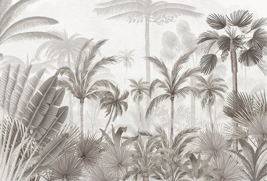 Papel tapiz mural con grabado botánico de palmeras y follaje tropical en tonos grises y arena