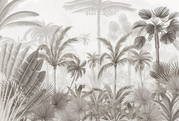 Papel tapiz mural con grabado botánico de palmeras y follaje tropical en tonos grises y arena