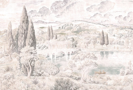 Papel tapiz mural con paisaje pastoral clásico de jardín inglés en tonos beige y gris suave