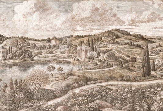 Papel tapiz mural estilo grabado clásico con paisaje campestre, lago y templos en tonos sepia