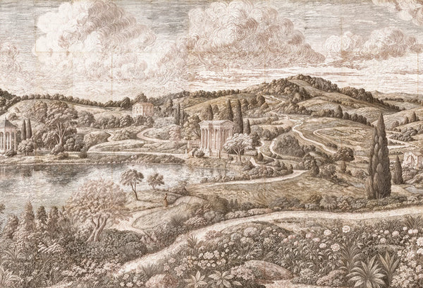 Papel tapiz mural estilo grabado clásico con paisaje campestre, lago y templos en tonos sepia