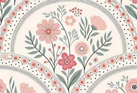 Papel tapiz con estampado folk de flores en rosa empolvado, hojas verde salvia y arcos ornamentales sobre fondo crema.