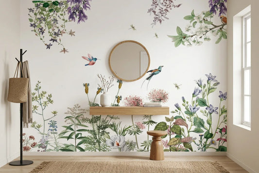 Papel tapiz Jardín Burdeos instalado en un recibidor de estilo nórdico