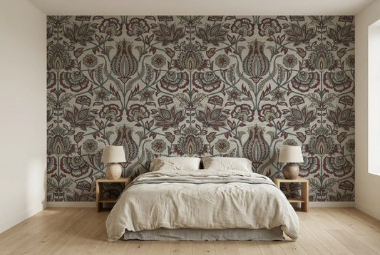 Papel tapiz Jardín Heritage instalado en un dormitorio sereno