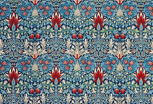 Papel tapiz con patrón floral ornamental vintage estilo Arts and Crafts en tonos azul marino, rojo y crema.