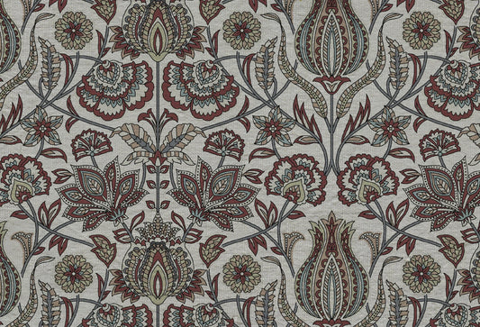 Papel tapiz con estampado botánico clásico de flores en tonos terracota y verde salvia sobre fondo lino
